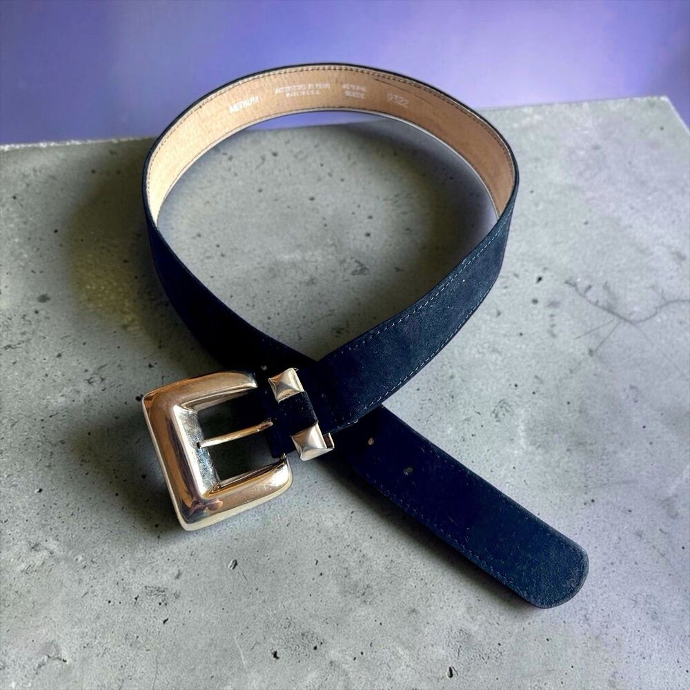 Vintage Black Suede Leather Belt Gold Buckle Wide 3cm Made USA Medium 29” 80’s